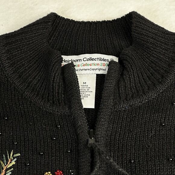 Vtg  Heirloom Collectibles Medium Cardigan Black Sweater Cardinal Beaded Holiday - Picture 3 of 9
